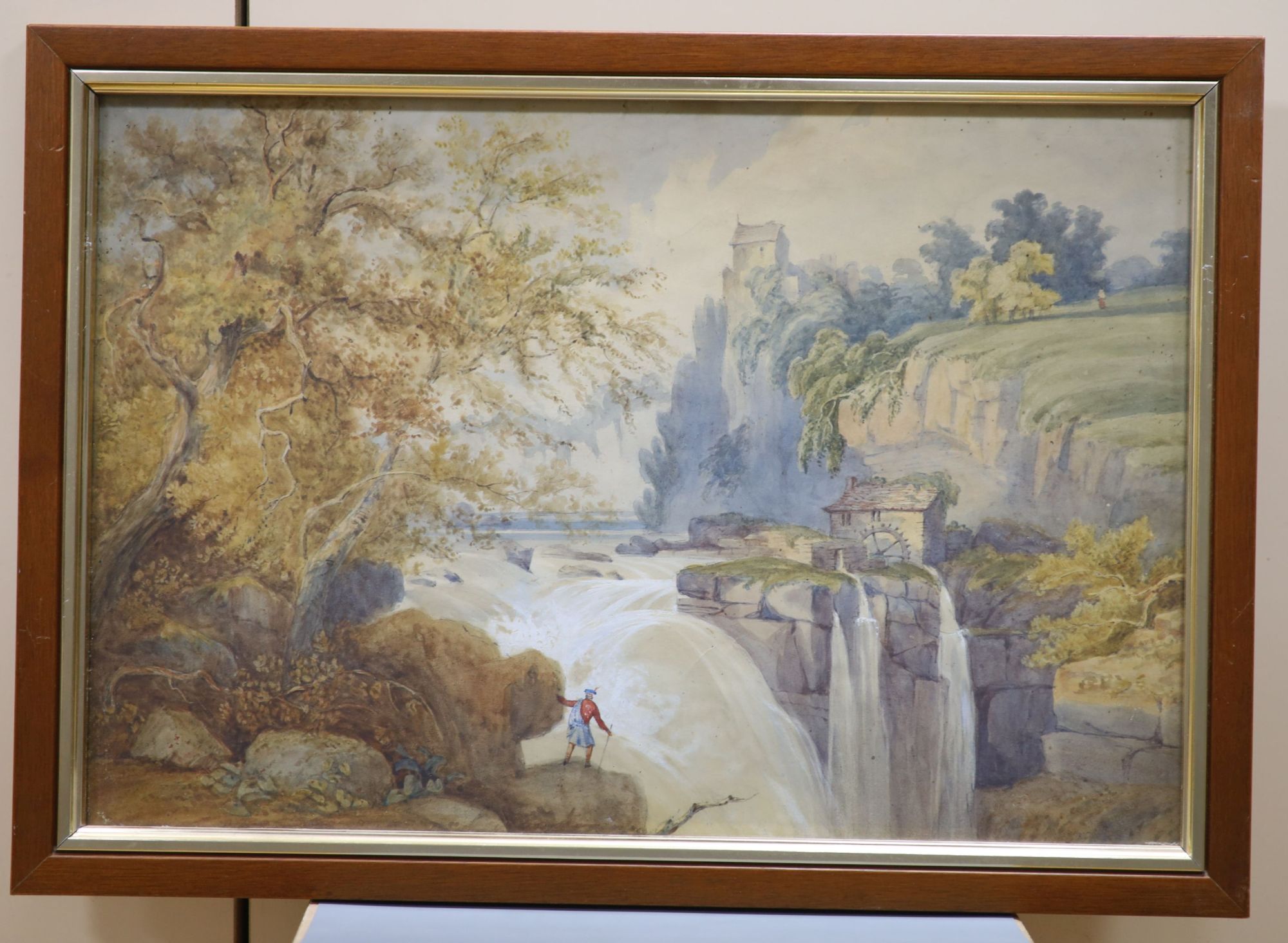 19th century Scottish, pair of watercolours, Figure by a waterfall and Cattle watering, 32 x 47cm and 30 x 47cm